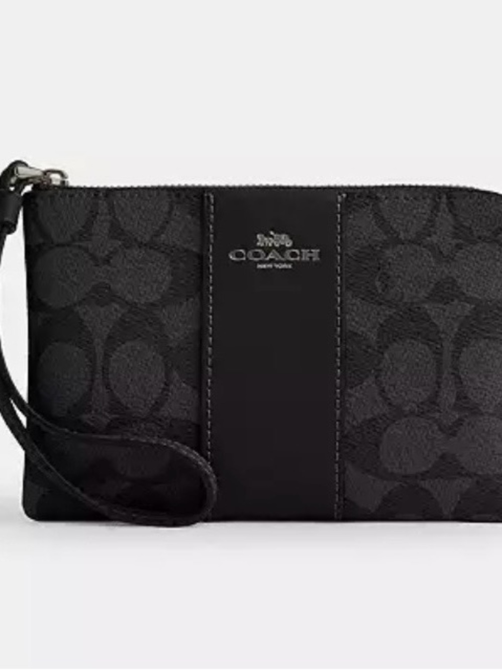 Coach Black Signature Logo Wristlet with Center Stripe